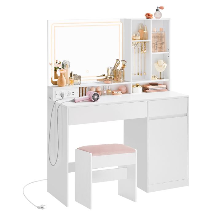 Coiffeuse avec Tabouret de Coiffeuse avec Miroir et Lumière Prise de Courant Largeur de 110 cm Blanc Nuage et Rose Bonbon Coiffeuse avec Tabouret de Coiffeuse avec Miroir et Lumière Prise de Courant Largeur de 110 cm Blanc Nuage et Rose Bonbon