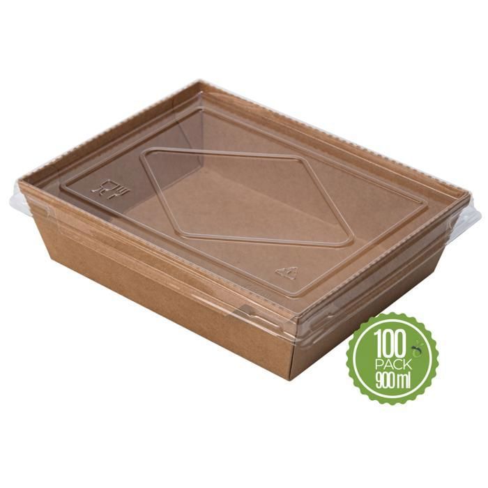 Lot De 100 Lunchbox En Kraft 500ml Avec Couvercle Transparent - Boîtes Alimentaires Écologiques Jetables