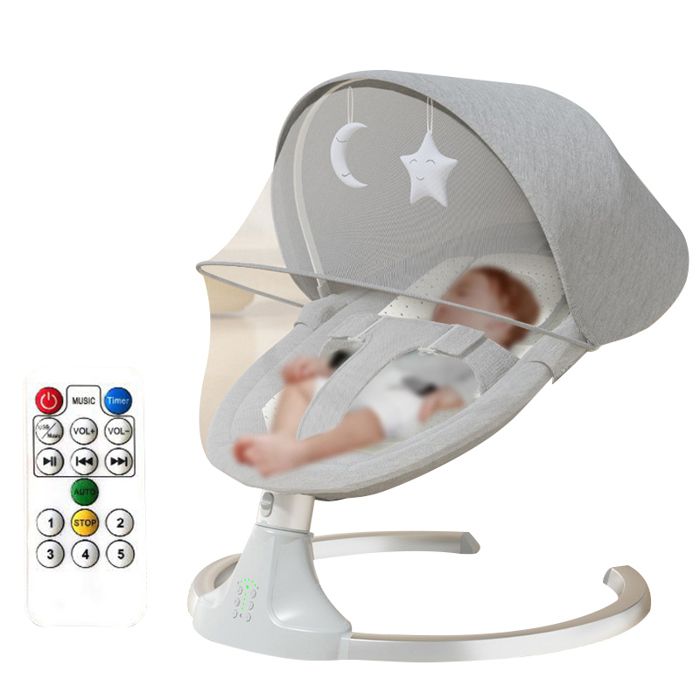 Balancelle Bébé Électrique avec 5 modes de balancement 3 angles réglables Moustiquaire amovible Arche à jouets Minuterie - Gris