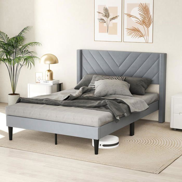 COSTWAY Structure de Lit Double 200 x 140 CM avec Tête de Lit Sommier Tissu Velouté Support à Lattes en Bois Charge 250 kg