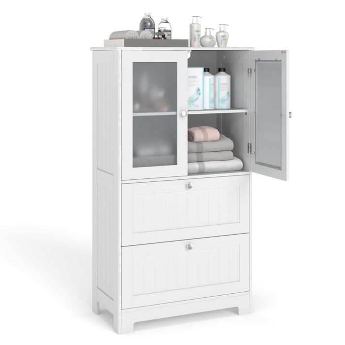 COSTWAY Colonne Salle de Bain Armoire avec 2 Tiroirs et 2 Portes Étagère Réglable pour Cuisine Salon 60 x 30 x 108 cm Blanc