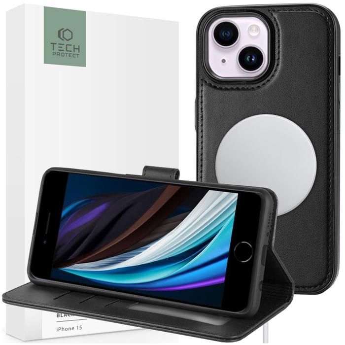 Étui Portefeuille Tech-Protect MagSafe - iPhone 15 - Cuir Synthétique - Noir - Protection Élégante