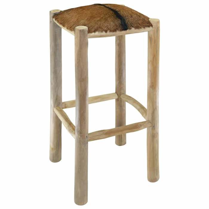Promotion de Noël Tabouret de bar - SARAZYJ - Chaise haute - cuir de chèvre et bois de teck solide FR584