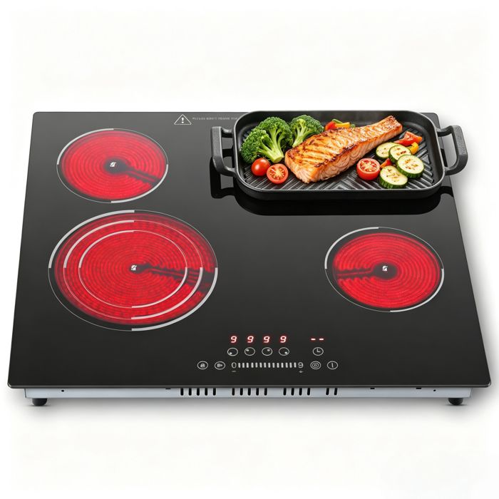 Plaque Vitrocéramique 4 FeuxTable de Cuisson EncastrableZone Ovale & Triple Couronne Minuteur6700W
