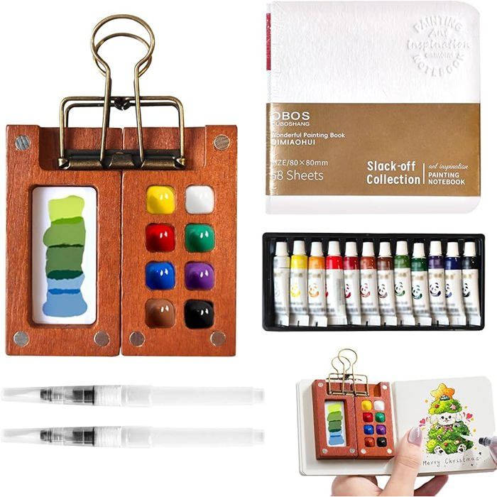 FIDWALL Mini kit d'aquarelle de poche - Kit de voyage portable avec palette en bois, carnet de croquis, 6 pinceaux à réservoir d'eau et sac de rangement - Idéal pour les voyages