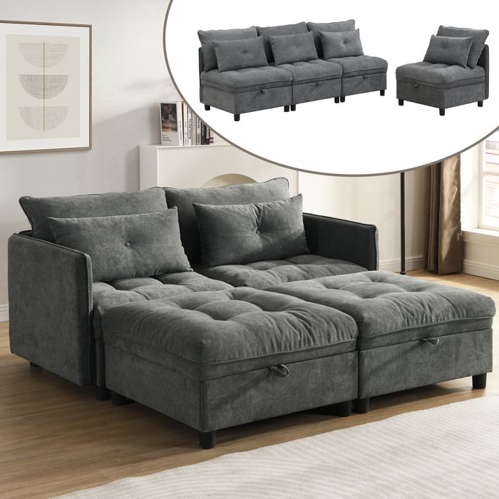 Canapé modulaire 4 places - MODERNLUXE - Espace de rangement - Revêtement en chenille - Combinaison canapé-lit - Gris