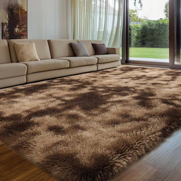 Tapis pelucheux moderne - DOK - Lavable - Antidérapant - Extra large - 120x160 cm - Marron tie-dye - Toucher super doux