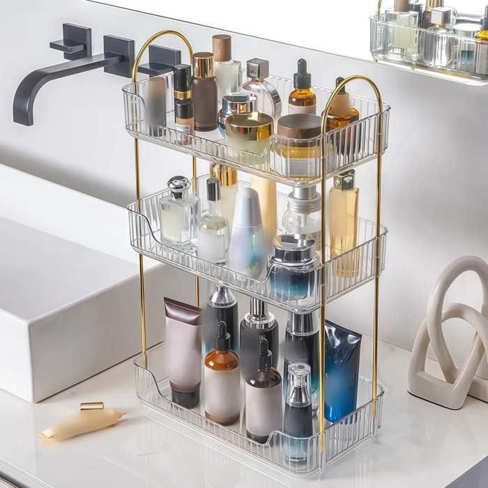 Organisateur Cosmétique 3 Étages Transparent avec Miroir 48cm - Boîte de Rangement Luxe pour Salle de Bain et Vanity