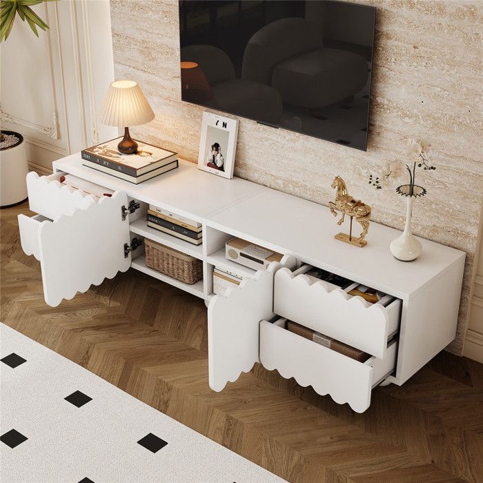 Meuble TV Blanc Moderne 175x38x37 cm avec Rangement Table Television Salon Bois avec 4 Tiroirs et 2 Armoires Design Unique Style