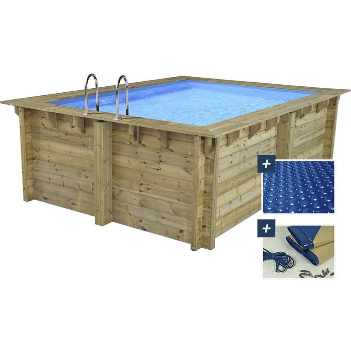 Piscine bois rectangle Zanzibar - 3.50 x 2.30 x 1.24 m - Bâche à bulles 180 µ - Bâche hiver 280 g/m²