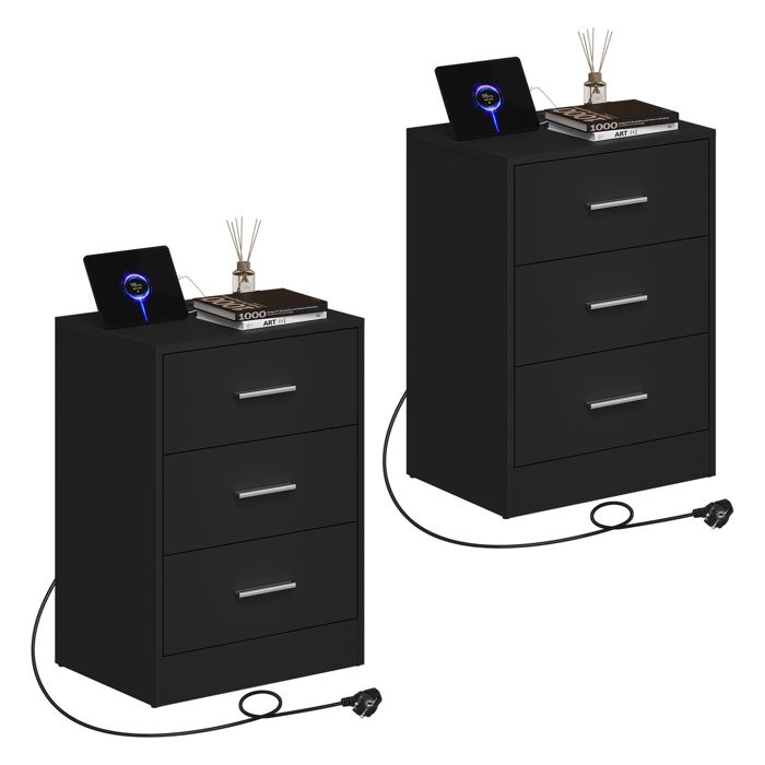 Chevet Noir avec Prise Intégrée - Lot de 2 - WOLTU Table dAppoint - 2 Prises AC 1 Port USB 1 Port Type-C