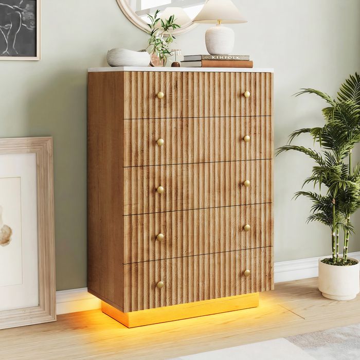 Commode 5 Tiroirs Effet Bois Naturel - Bande LED 3 Couleurs - Grand Meuble de Rangement Scandinave - Pour Chambre et Le Salon