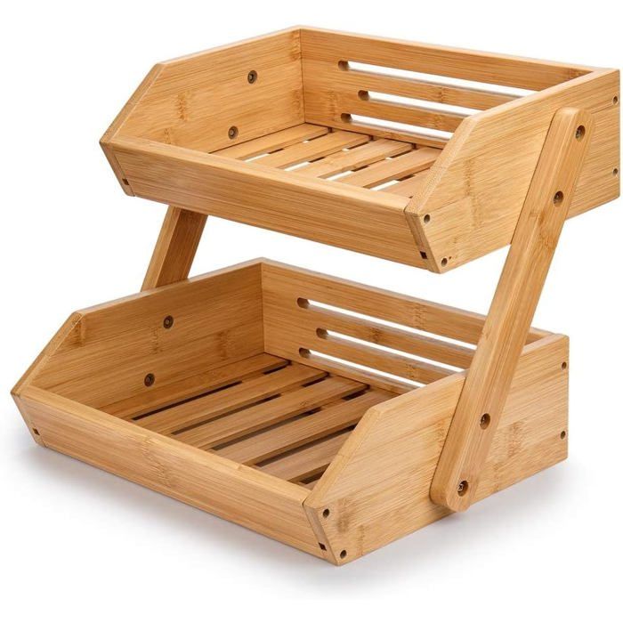 2-Tier Bamboo Fruit Basket Bread Basket Vegetable Storage Snack Rack in Kitchen and Office