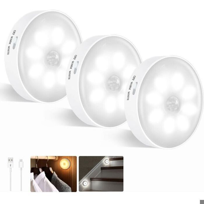 Lampe LED détecteur de mouvement - PZCC - PZCC - Lot de 3 - Rechargeable USB - Bicolore 3000K/6000K