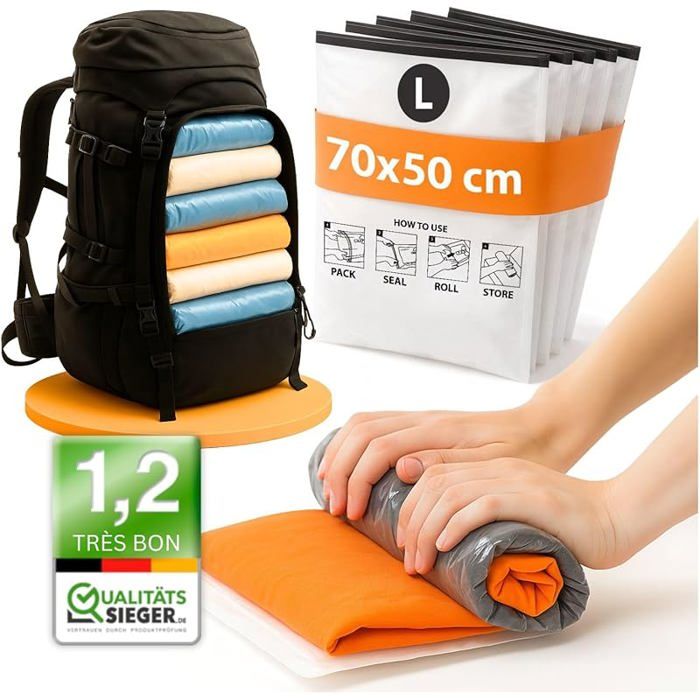 Sac Sous Vide Voyage à Rouler I 8 PIECES I Taille L: 70x50 cm I Sac de Rangement Sous Vide Sans 8x L DISTRIBUTEUR SACS DE DEJECTION