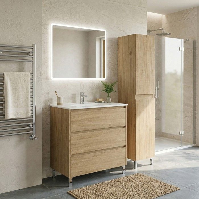 Ensemble meuble vasque L.80cm + 1 colonne sur pied 3 tiroirs Chêne naturel LISBONA Ensemble meuble vasque L.80cm + 1 colonne sur pied 3 tiroirs Chêne naturel LISBONA