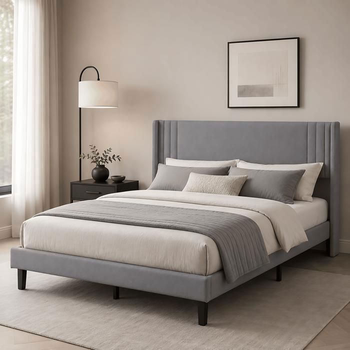 Lit deux places 140x200 cm avec sommier à lattes Cadre de lit capitonné adulte Lit moderne pour ado sans matelas lin gris