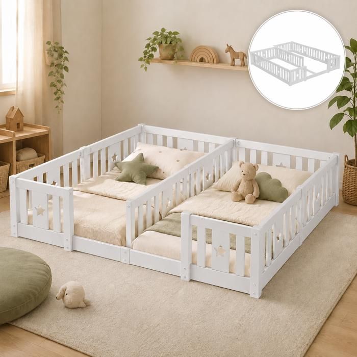 Lit enfant 180x200cm avec barrière de sécurité Lit au so en bois de pin Lit montessori 2 place avec sommier à lattes Blanc