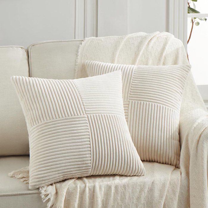 Lot de 2 housses de coussin bohème 45x45 cm velours côtelé écru déco canapé lit sofa style rustique