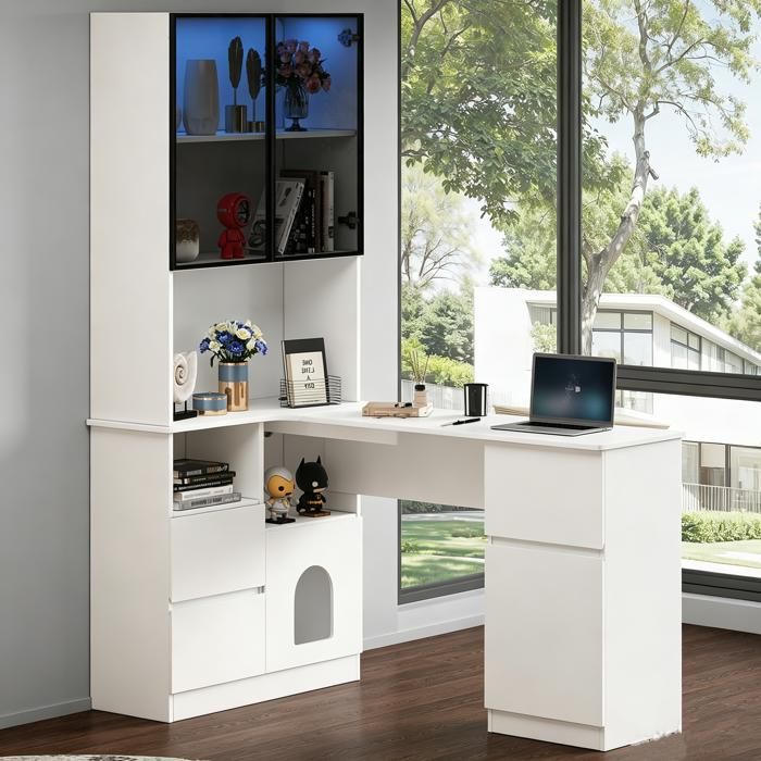 Bureau Angle Pliable 2-en-1 Bibliothèque USB LED 7 Couleurs Compartiment Chat Étagères Réglables Anti-Basculement Blanc 120x80x180cm