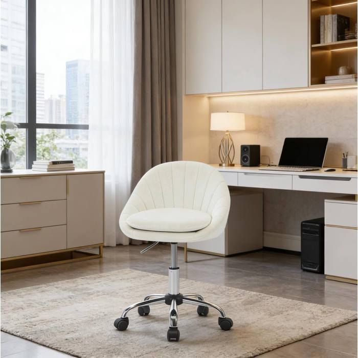 Chaise de bureau ergonomique en velours beige hauteur reglable 46-56 cm pivotante 360° a roulettes