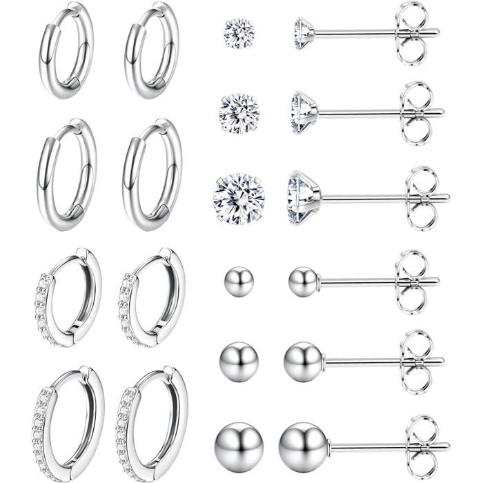 10-12 Paires Boucles DOreilles Femmes Acier Innoxydable Ensemble Petite Creoles Clous DOreilles Hypoallergénique Cartilage[PP38]