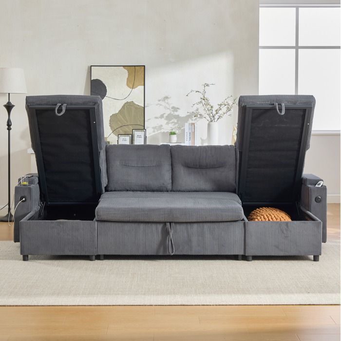 Canapé convertible 4 places AESVAR en corduroy gris avec rangements porte-gobelets et USB Type-C