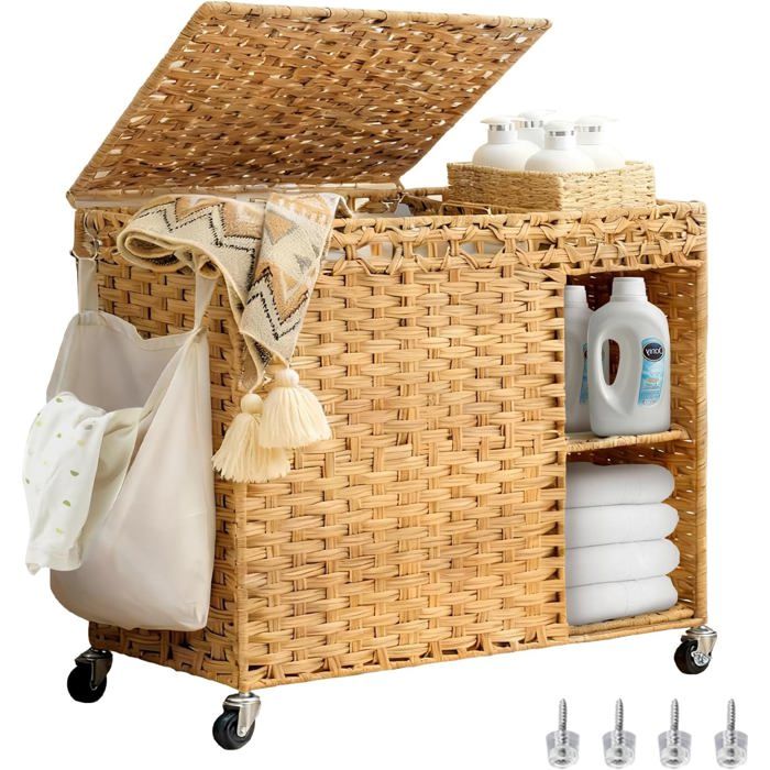 Grand Panier À Linge Avec Roulettes Et Étagère 160 L En Rotin Synthétique Tressé À La Main Avec Couvercle Sac À Linge Amovib[CA263]