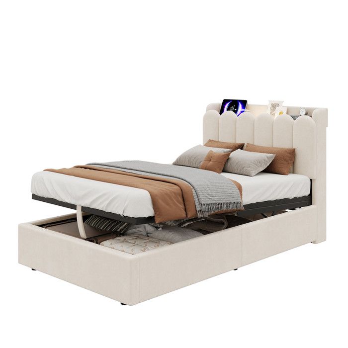 Lit simple 90x200 cm avec charge USB/Type-C et lampe coffre hydraulique sommier à lattes tête rembourrée velours beige