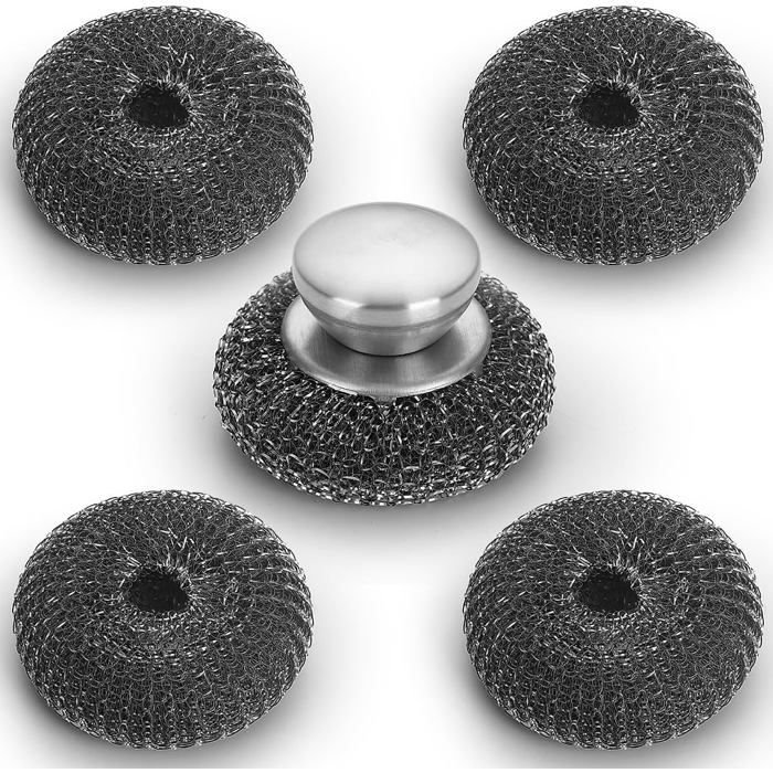 Éponges à récurer en acier inoxydable lot de 5 avec poignée pour casseroles poêles four et barbecue
