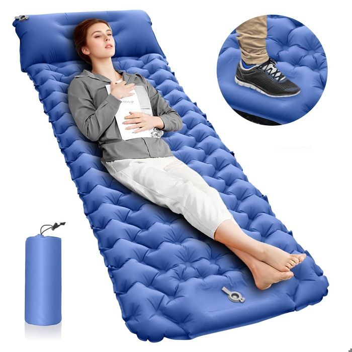 LEMLIT Matelas de Camping Autogonflant - 10 cm dépaisseur - Pliable - Ultra-léger - 1 Personne avec Pompe à Pied et Coussin Bleu
