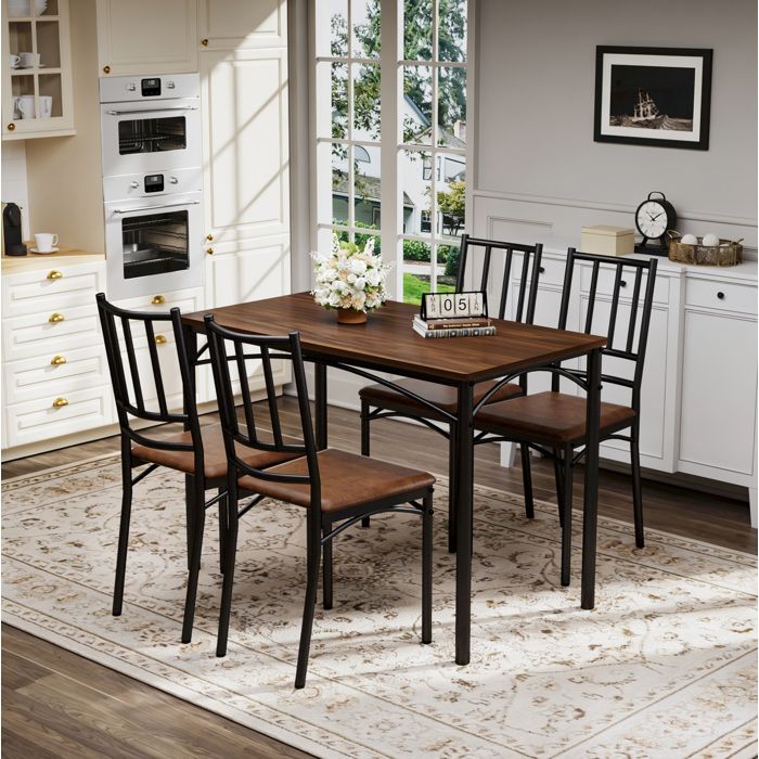 Table repas industrielle 110x60 cm avec 4 chaises coloris noyer structure acier et panneaux de particules FOLYNA