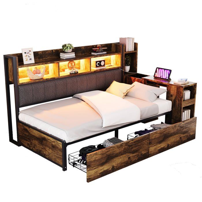 Canapé convertible en fer Logidon 90 x 200 cm aspect bois rangement LED