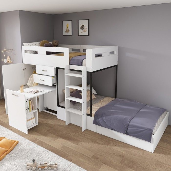 Lit superposé enfant blanc - BLACKCOLOR - 90x200 cm - Bureau rétractable - Placard - Tiroirs de rangement - Étagères