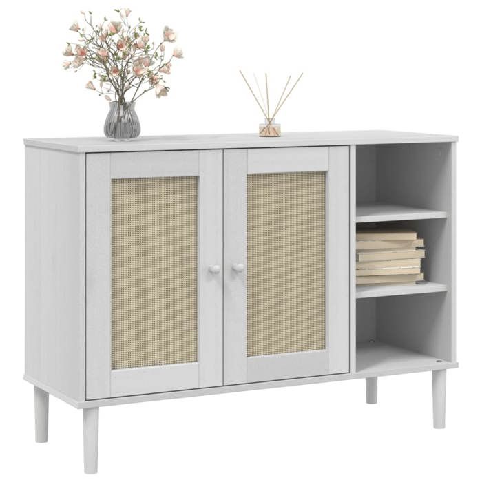 Blanc Buffet & bahut contemporain，Buffet SENJA aspect rotin blanc 112x40x80cm bois massif de pin FR&814