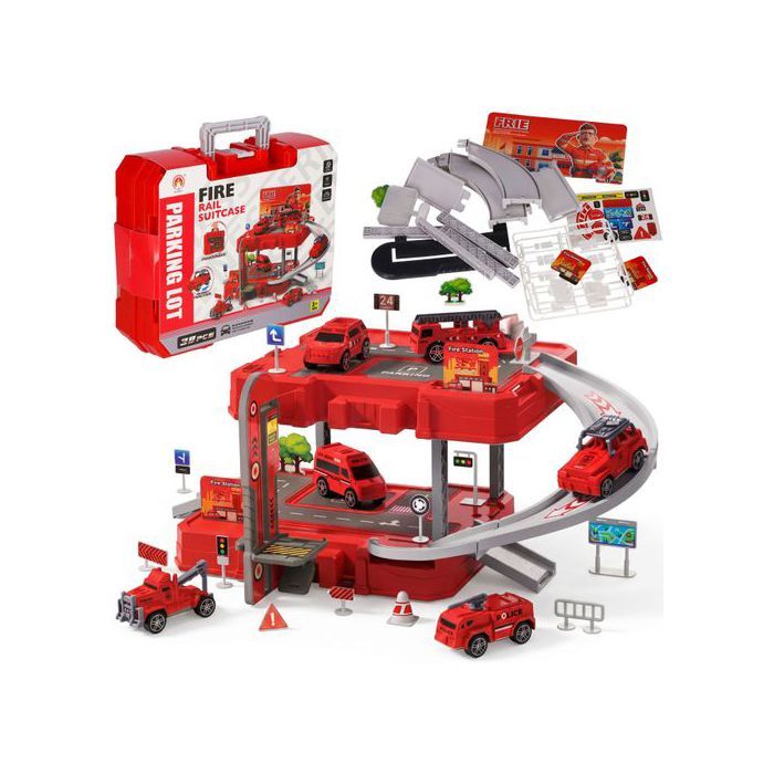 Parking POMPIERS avec accessoires À ASSEMBLER SOI-MÊME VALISE pour enfants 38 éléments 3+