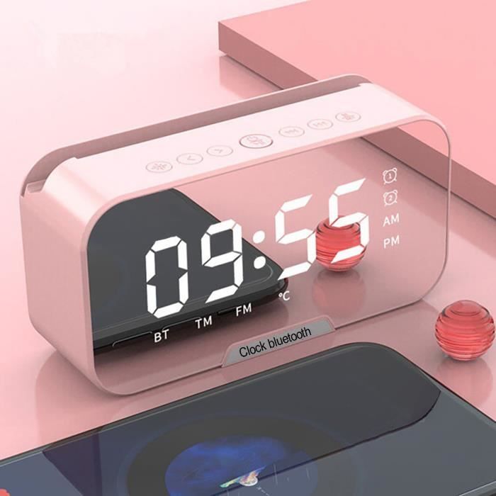 Nouveau miroir réveil Bluetooth petit haut-parleur téléphone portable voix FM réveil bureau audio peut afficher la température rose