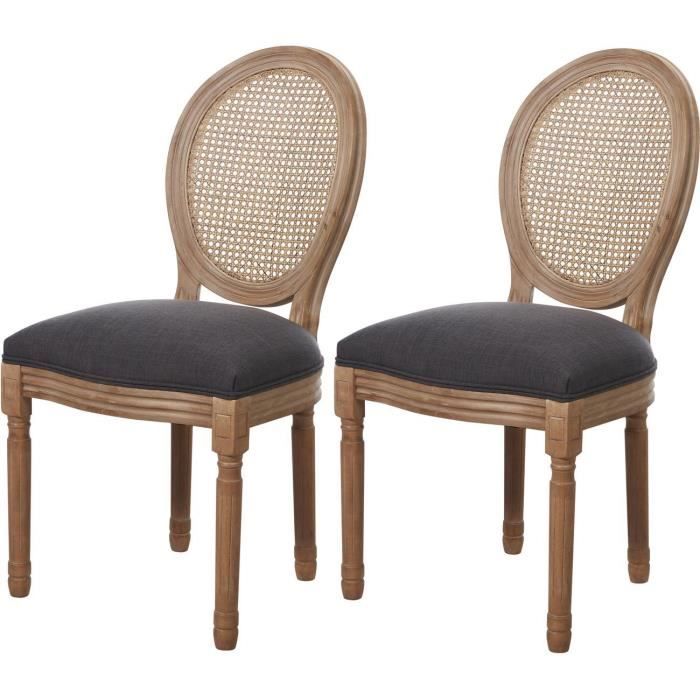 lot de 2 - chaise medaillon gris anthracite - tissu & cannage - pieds bois massif