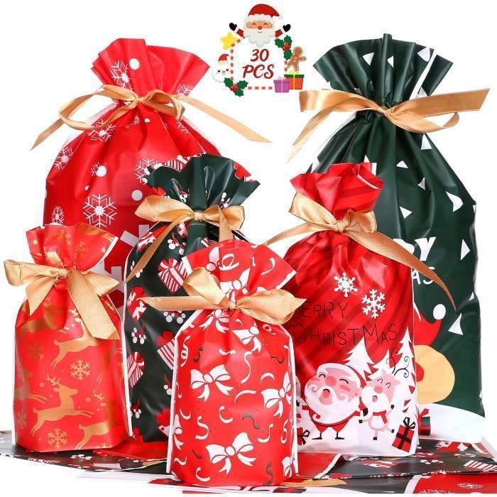 Sac Cadeau Noël,12 PCS Sac Papier Kraft Noel Avec Poignées,Lot De Sachet Papier Noël Imprimé