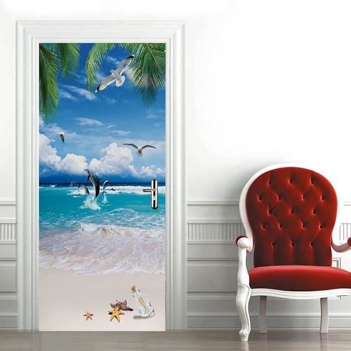Sticker Porte 3D Fleurs De Cerisier Temple Japonais 77x200 Cm | Autocollant Porte PVC Imperméable Décoration Japonaise Moderne Chambre Salle De Bain