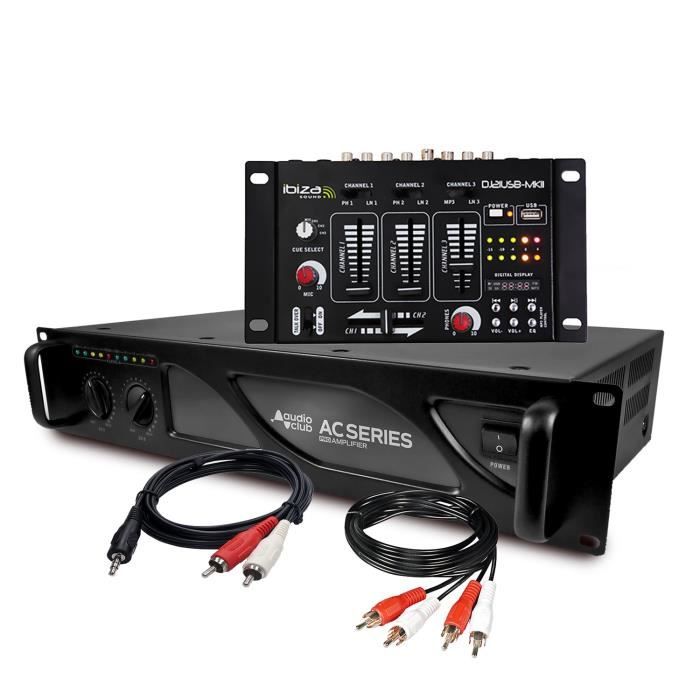 Amplificateur sono - AUDIOCLUB AC1000 - 2 x 500W + Table de mixage Ibiza Sound DJ21 4 voies USB - Câble RCA + PC