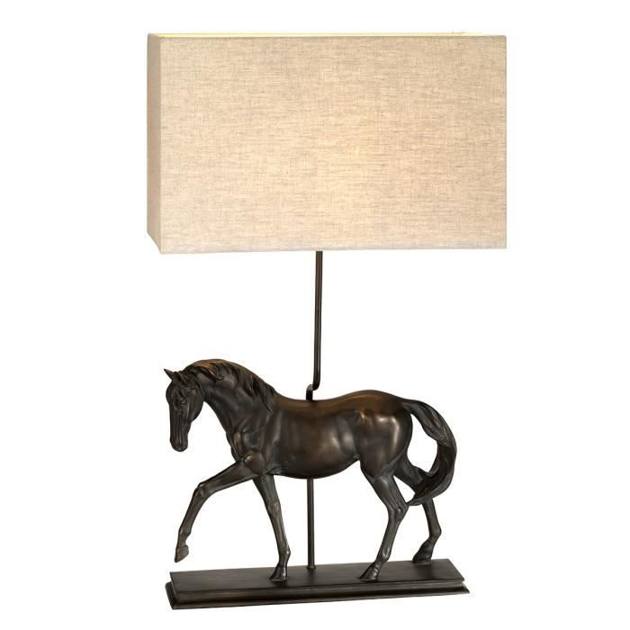 Lampe de table - Dorado - Grande - Patine bronze - Statuette de cheval - Abat-jour rectangle