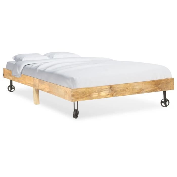 cadre de lit en bois de manguier massif pour 2 personnes - style industriel - 120 x 200 cm