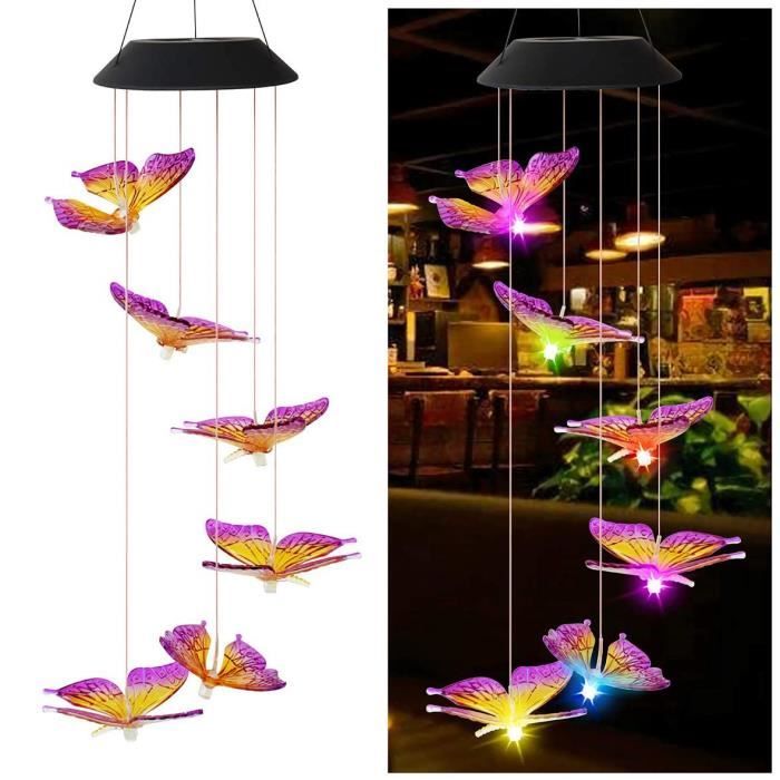 Carillon Éolien Solaire Avec Lumières LED Changeantes De Couleur - Papillon Transparent Pour Jardin, Patio Et Terrasse