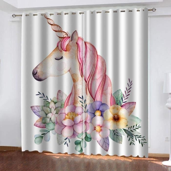 Lot De 2 Rideaux Voilages Licorne - Voilage Semi-Transparent Avec Oeillets - Décoration Chambre Et Salon
