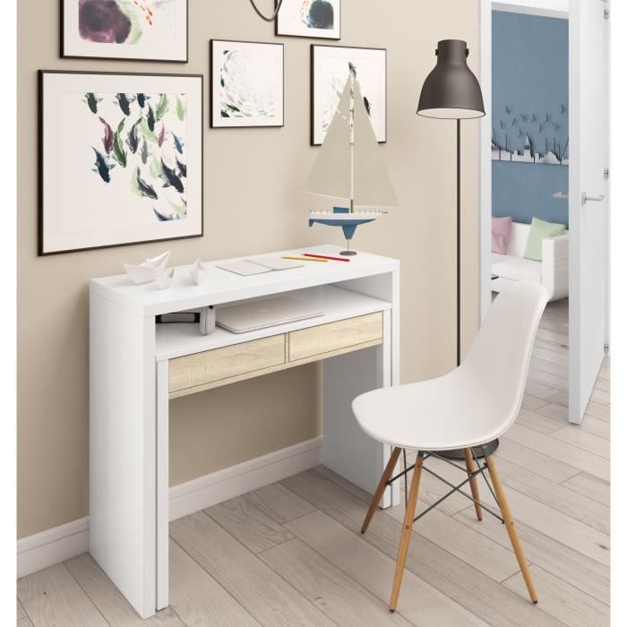 Table console Billings - DMORA - Bureau avec plateau extensible - Blanc et Chêne
