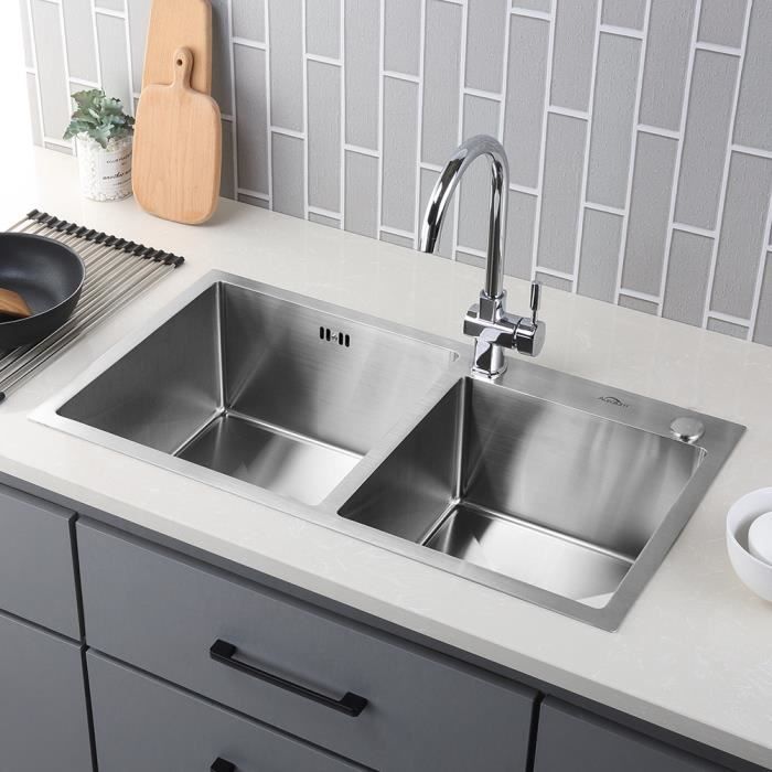 Auralum Evier Cuisine 2 Bacs 78x43cm Evier Inox Brosse Sous Plan