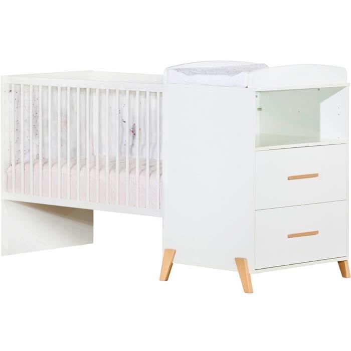 Lit Combiné - 120x60cm - Evolutif en 90x190cm - Babyprice Joy Naturel - Blanc sur pieds en bois natu
