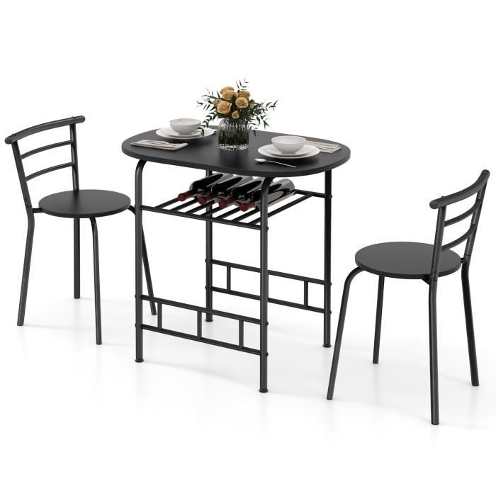 costway ensemble de table et 2 chaises de salle à manger & cuisine, avec casier à vin, cadre en métal, 80 x 53 x 77 cm, noir