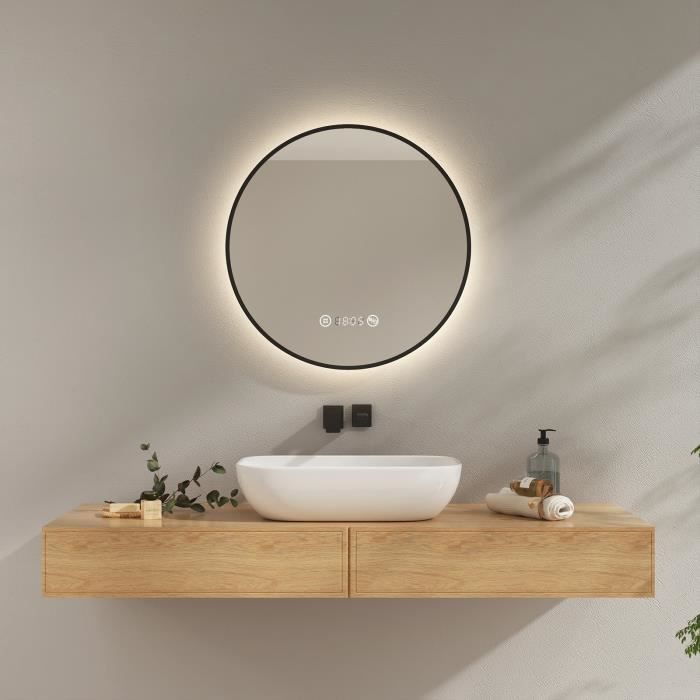 EMKE LED Miroir de Salle de Bain rond 60cm bordure noire avec Tactile,  Anti-buée, Horloge, Température, Éclairage Neutre - Cdiscount Maison